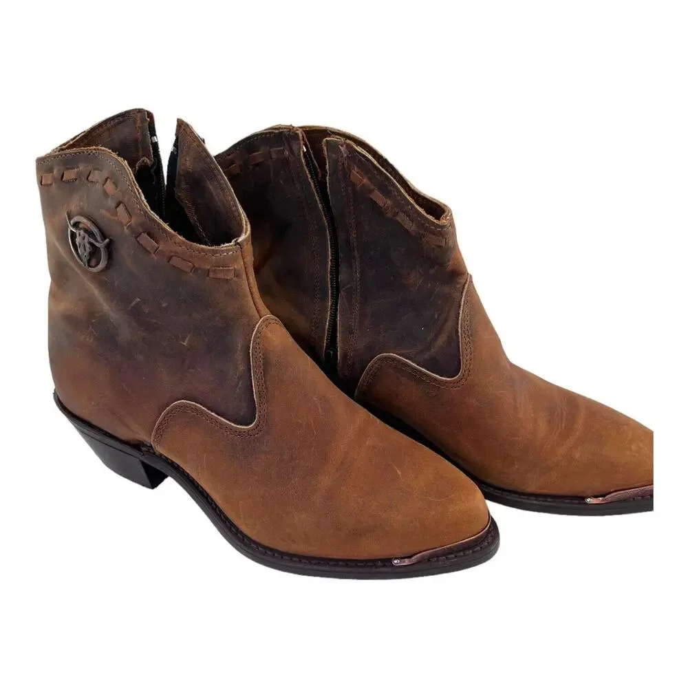 Code West Pointed Toe Cowgirl Leather Boots Brown Tan Ankle Metal Detail Sz 6.5